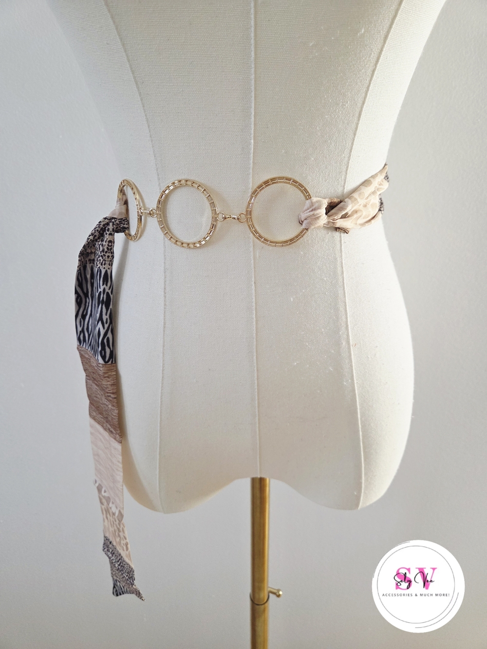 Animal print scarf belt with gold accent